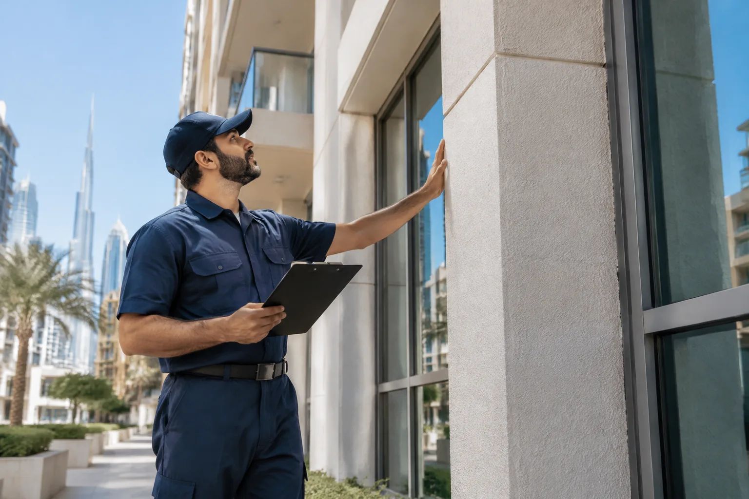Maintenance technician inspecting the exterior of a modern residential building